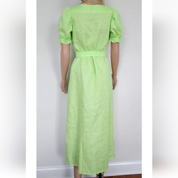 SLEEPER DRESS BRIGETTE GREEN LINEN BELT PUFF SLEEVES MIDI  SMALL - Picture 9 of 16